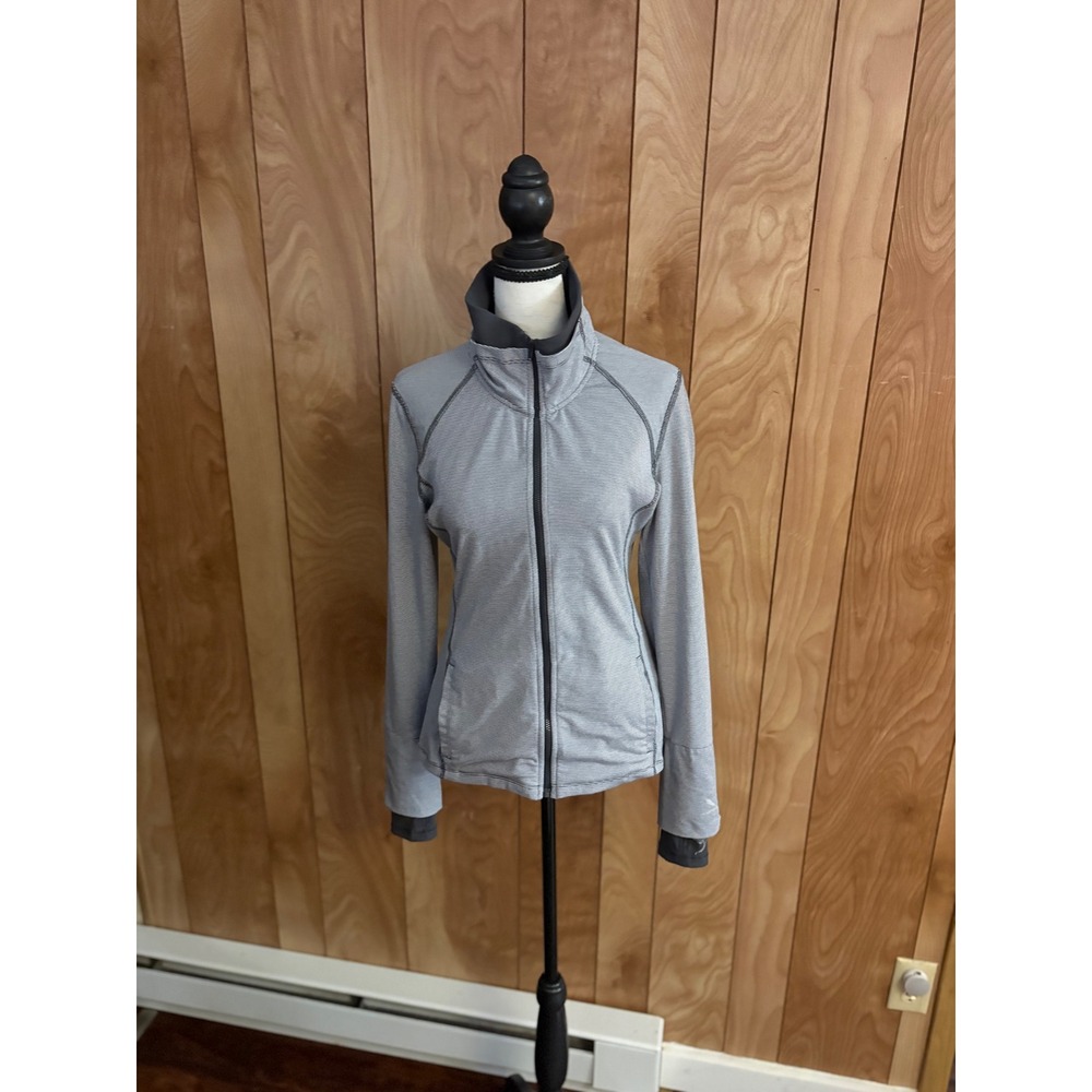 Layer 8 Performance Gray Striped Full Zip Track Jacket Thumbholes Womens Small